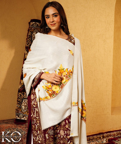 Ivory White Aari Embroidered Woolen Shawl