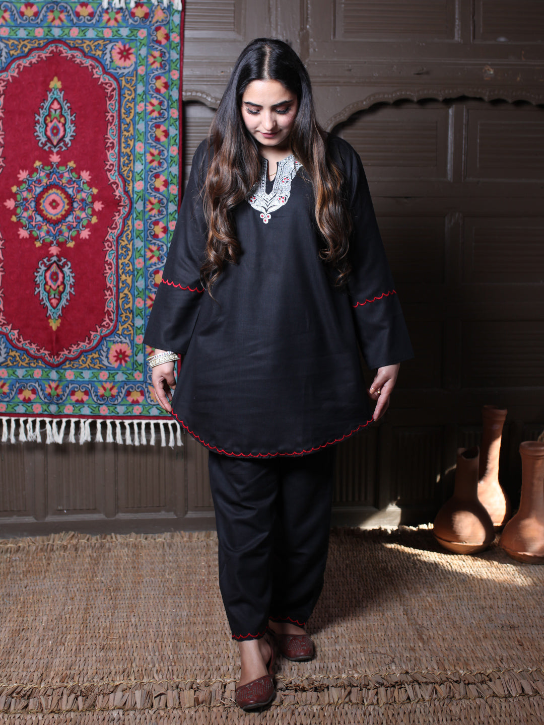 Black Posh Design Aari Embroidered Kashmiri Cotton Co-Ord Set
