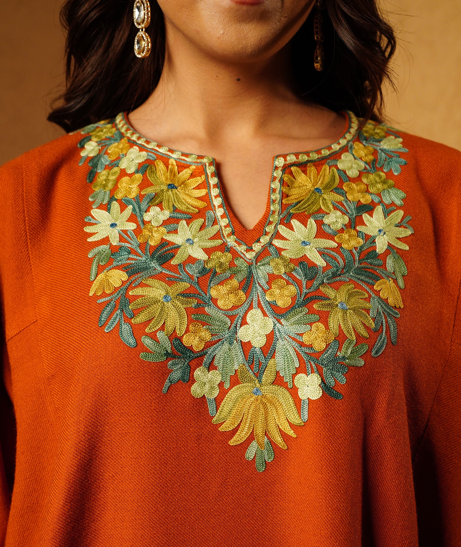 Rust Phooldaan Design Aari Embroidered Woolen Pheran
