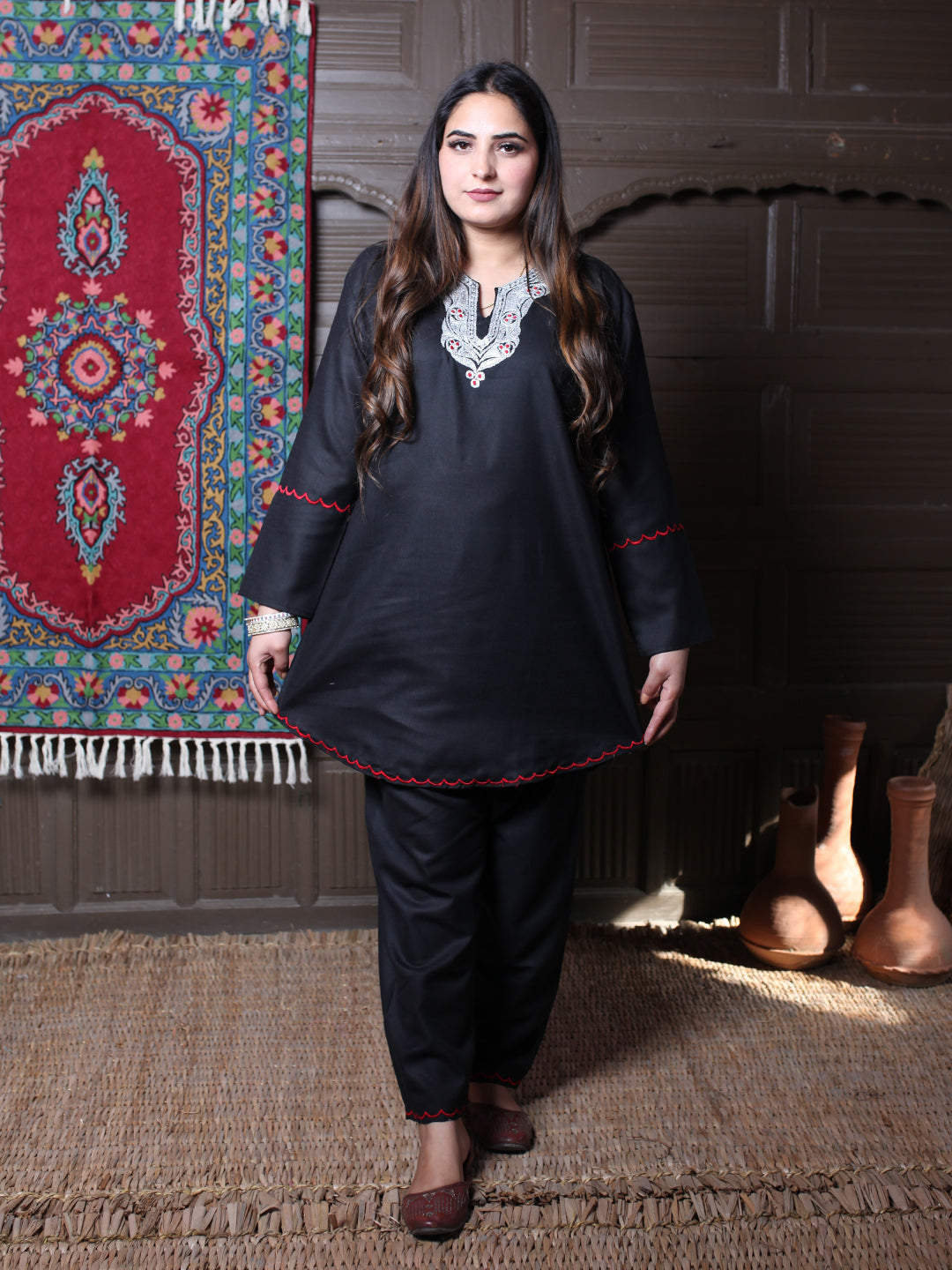 Black Posh Design Aari Embroidered Kashmiri Cotton Co-Ord Set