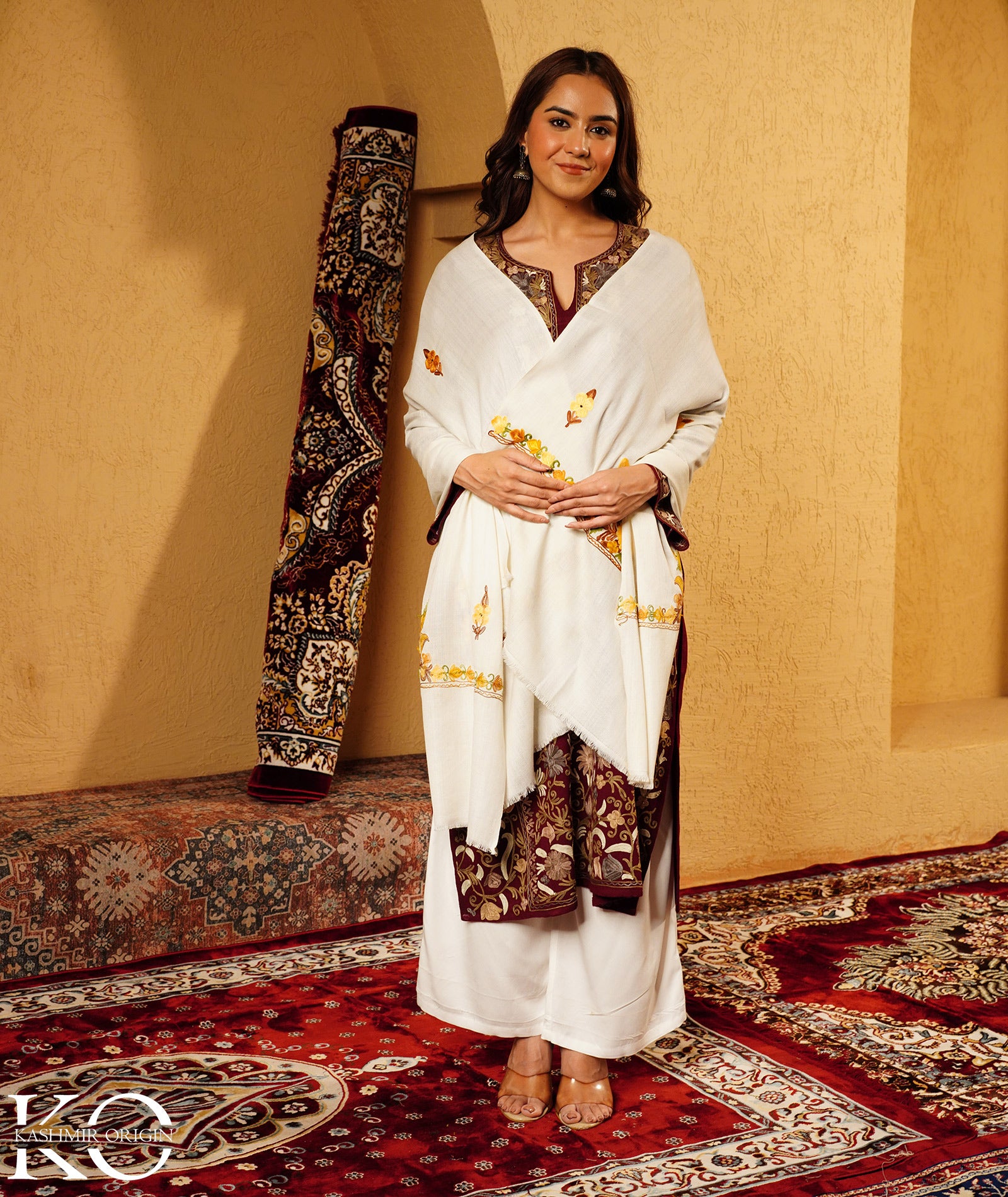 Ivory White Aari Embroidered Woolen Shawl