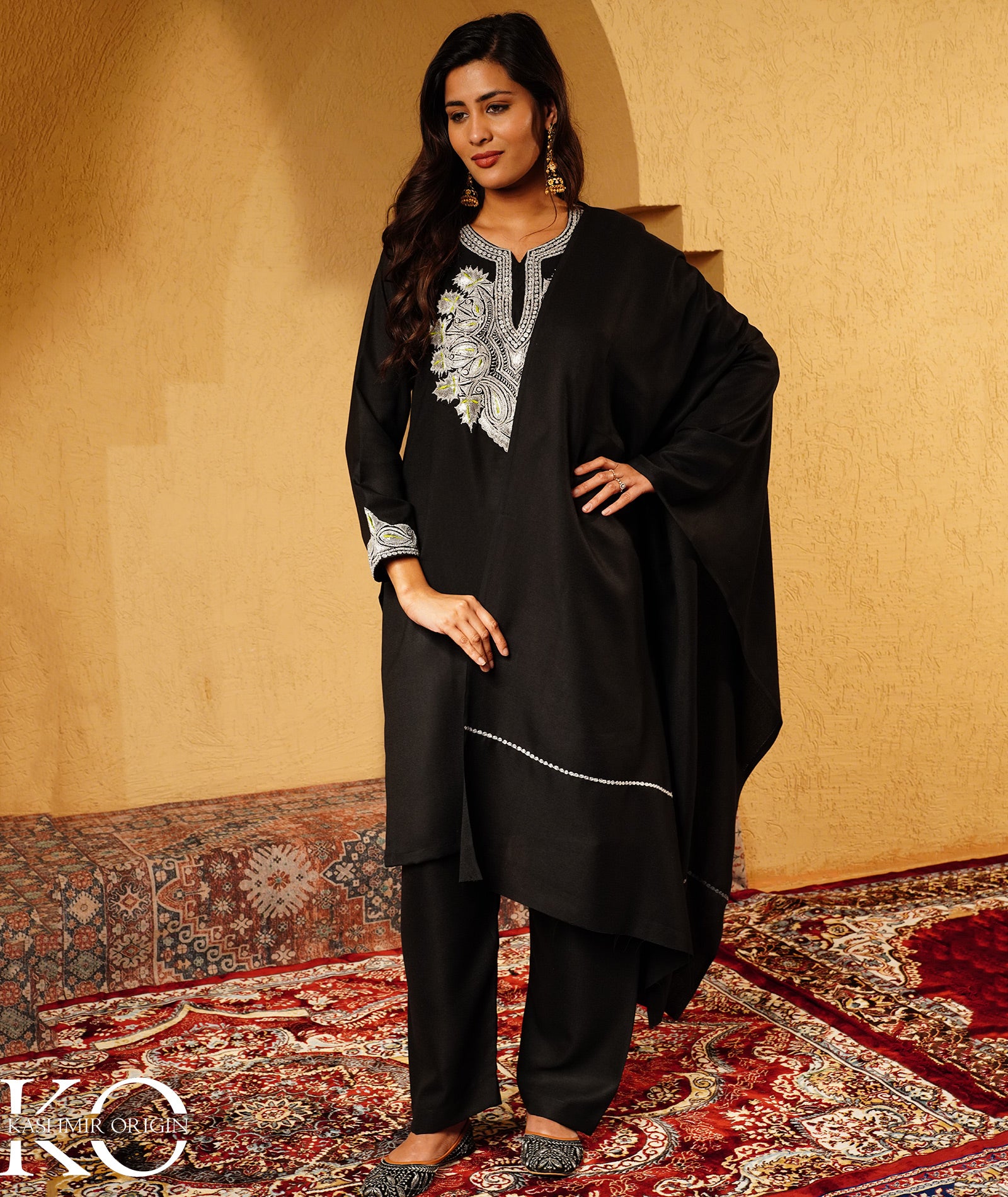 Stark Black Tilla Embroidered Woolen Suit With Shawl