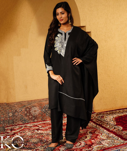 Stark Black Tilla Embroidered Woolen Suit With Shawl