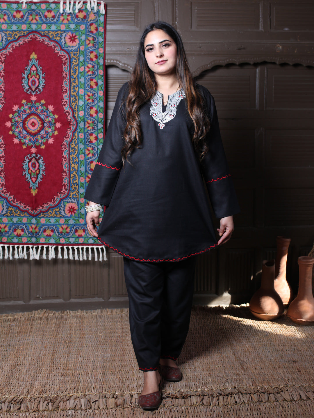Black Silver Tilla & Red Silk Embroidered Round Kashmiri Co-Ord Set