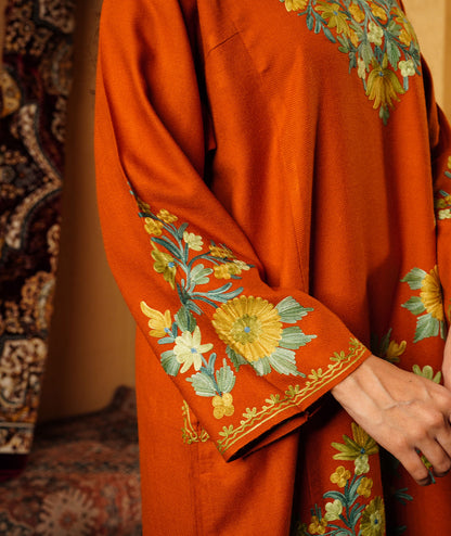 Rust Phooldaan Design Aari Embroidered Woolen Pheran
