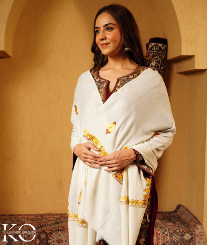 Ivory White Aari Embroidered Woolen Shawl