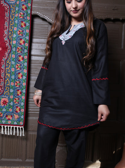 Black Posh Design Aari Embroidered Kashmiri Cotton Co-Ord Set