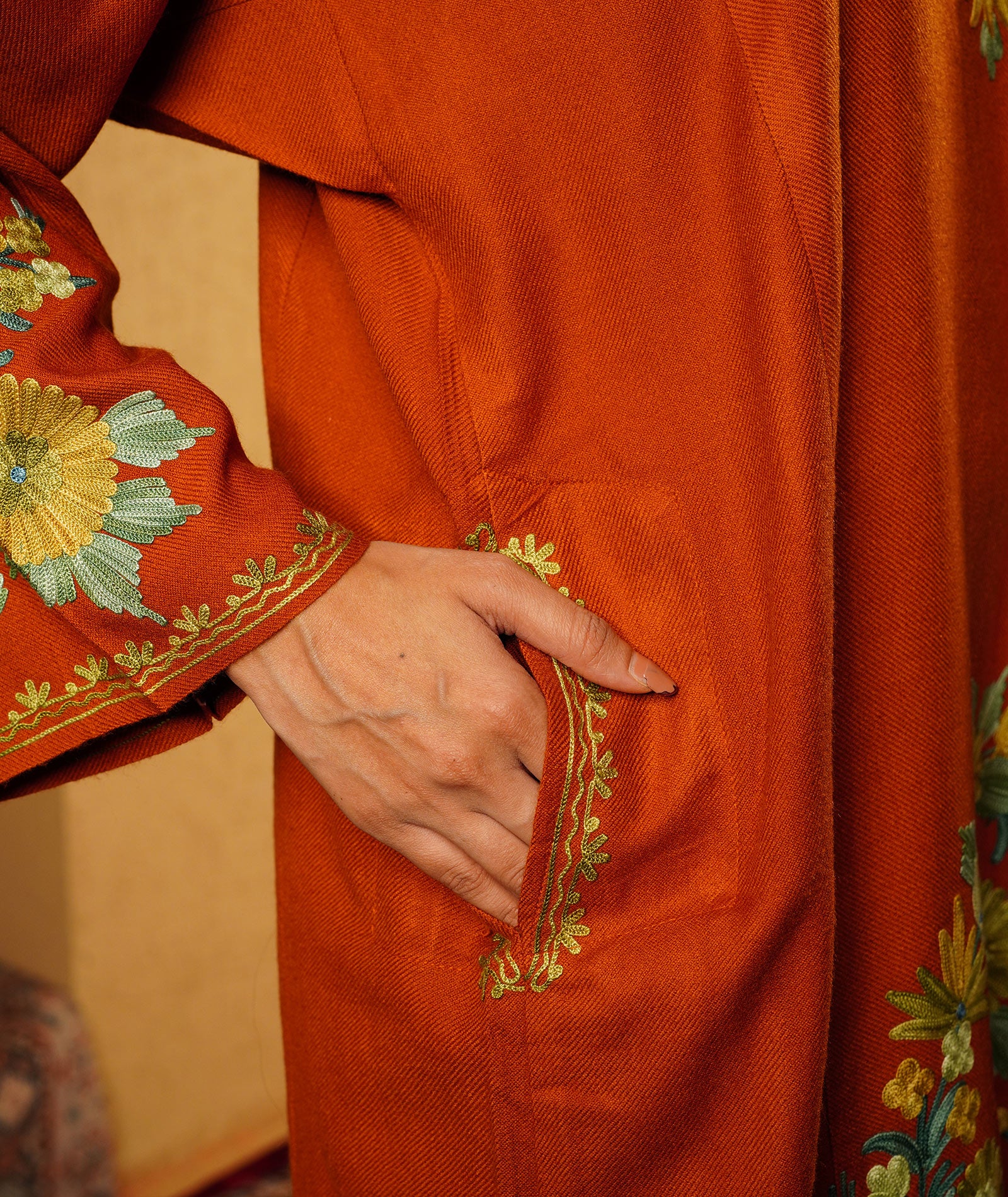 Rust Phooldaan Design Aari Embroidered Woolen Pheran