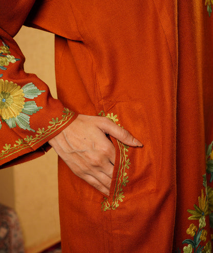 Rust Phooldaan Design Aari Embroidered Woolen Pheran