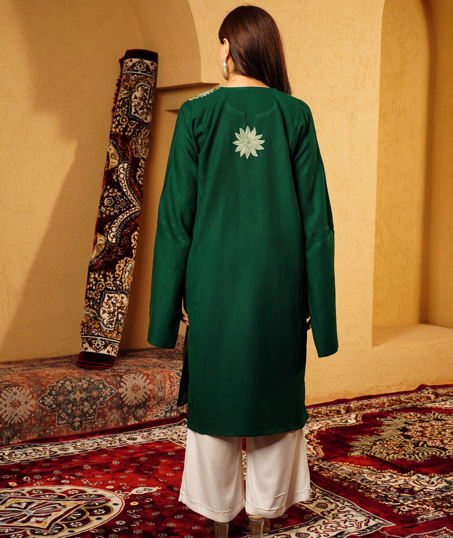 Green Tradational Koraab Sleeve Design Aari Embroidered Woolen Pheran