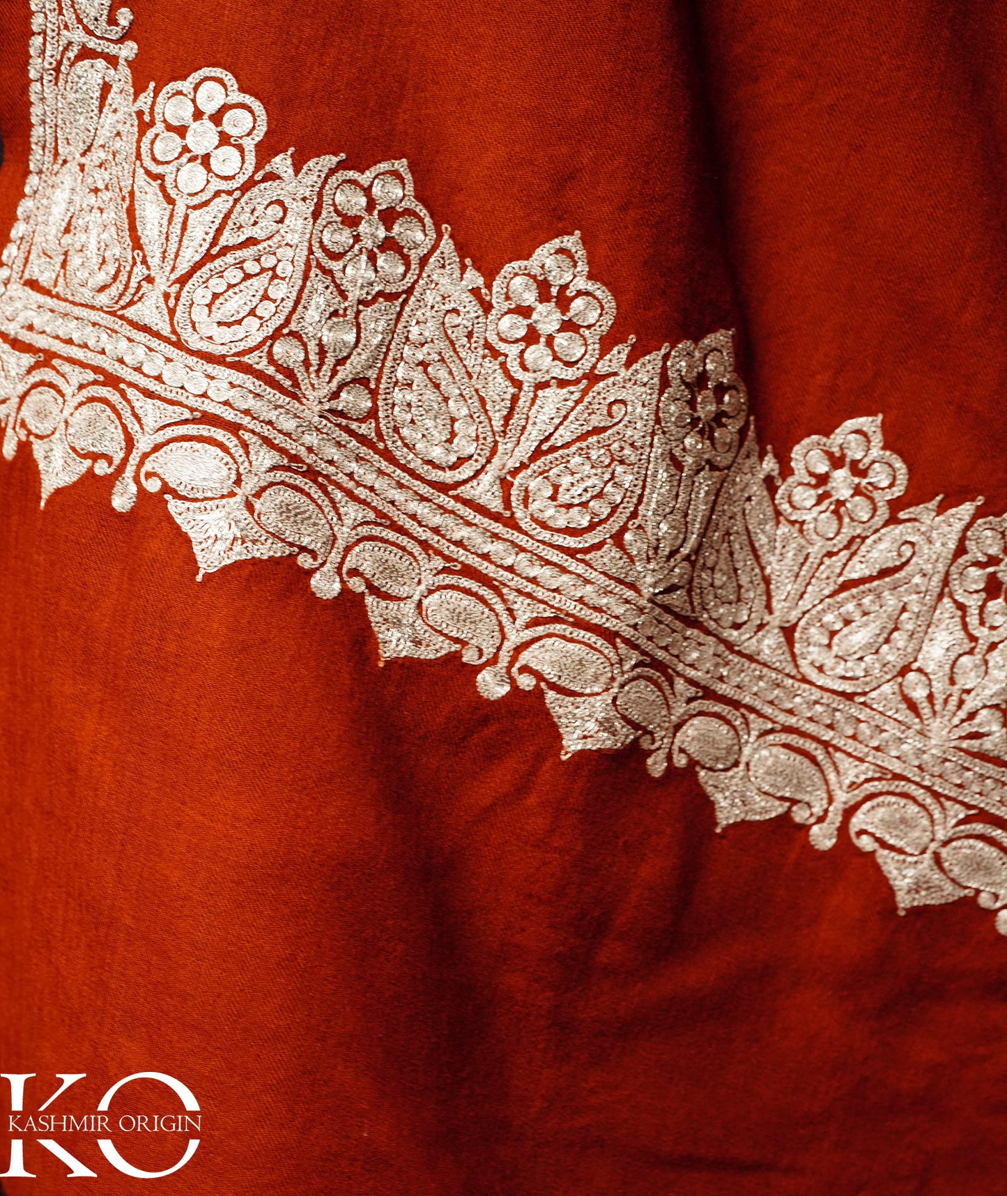 Rust Tilla Embroidered Woolen Kashmiri Shawl