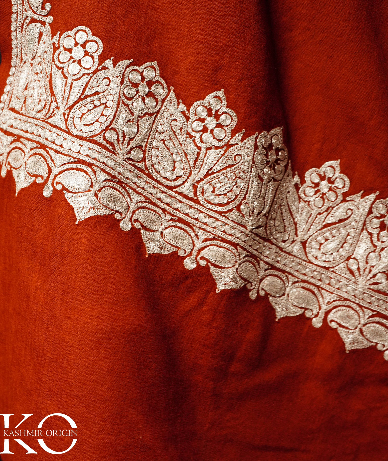 Rust Tilla Embroidered Woolen Kashmiri Shawl