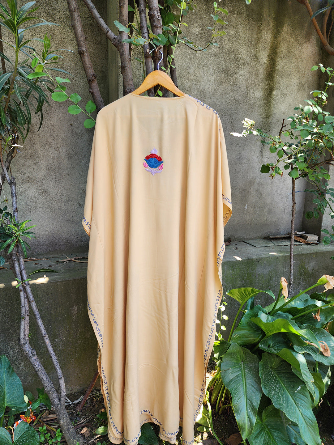 Beige Aari Embroidered Kashmiri Rayon Cotton Dotted Kaftan