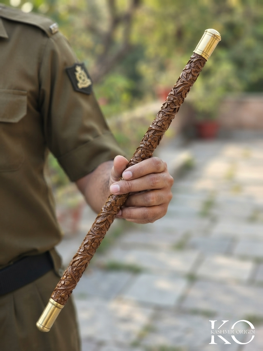 Kashmiri Walnut wood and Brass Hand Carved stylish military cane / Swagger stick & Holder (Name Customization Available)))