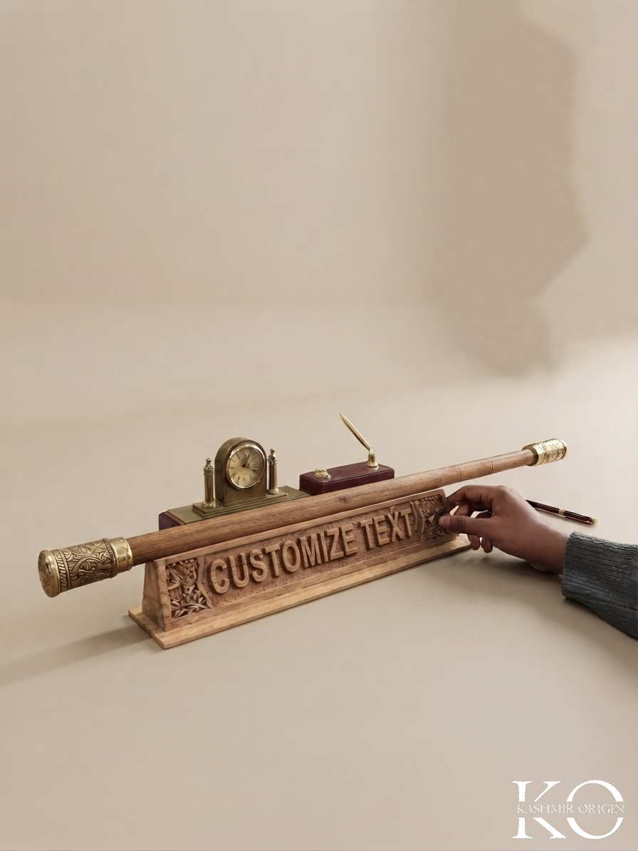 Kashmiri Walnut wood and Brass Hand Carved stylish military cane / Swagger stick & Holder (Name Customization Available)))