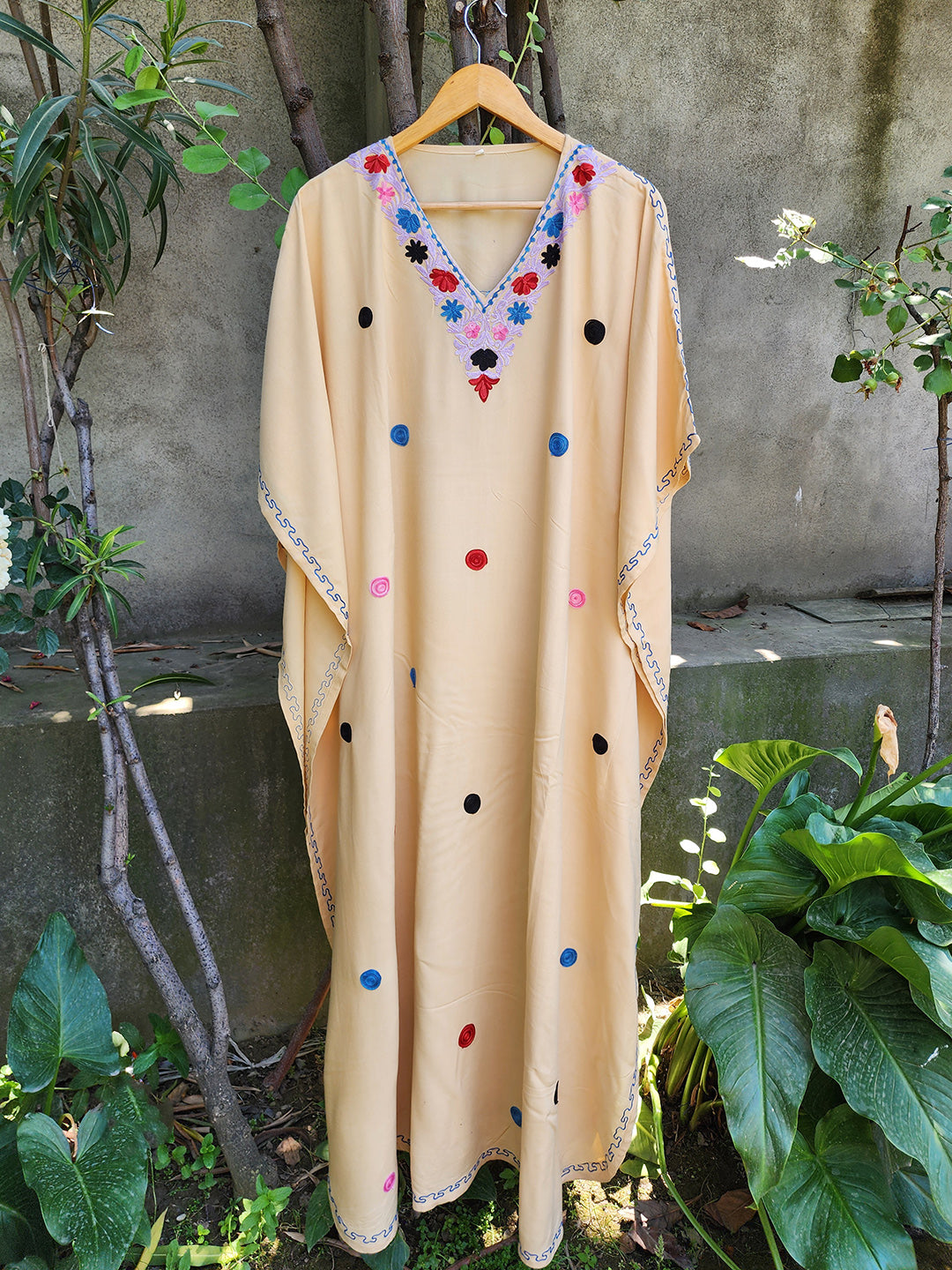 Beige Aari Embroidered Kashmiri Rayon Cotton Dotted Kaftan