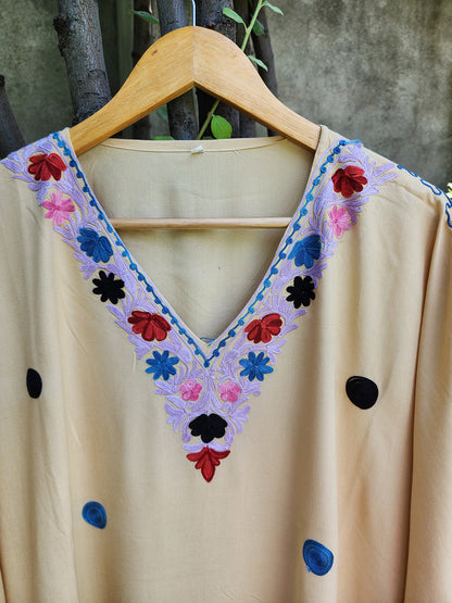 Beige Aari Embroidered Kashmiri Rayon Cotton Dotted Kaftan