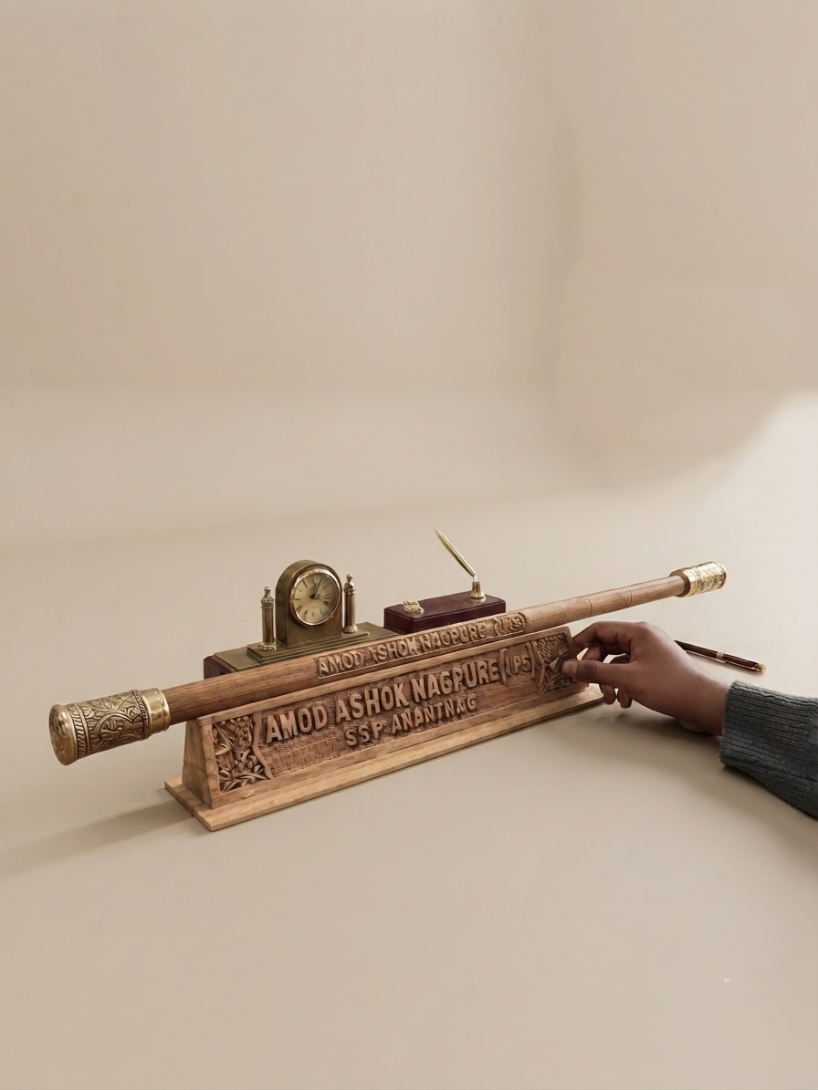 Kashmiri Walnut wood and Brass Hand Carved stylish military cane / Swagger stick & Holder (Name Customization Available)))