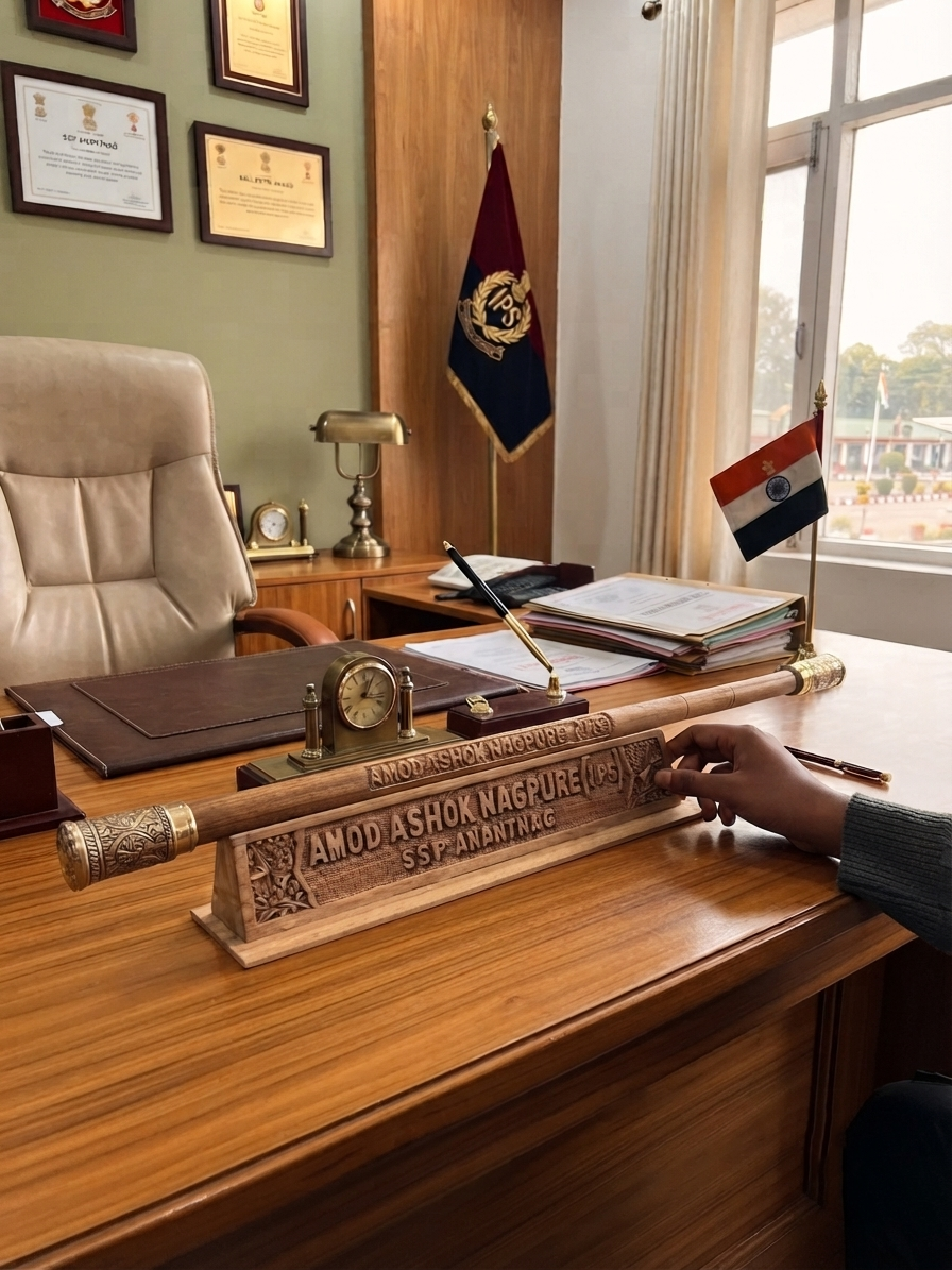 Kashmiri Walnut wood and Brass Hand Carved stylish military cane / Swagger stick & Holder (Name Customization Available)))
