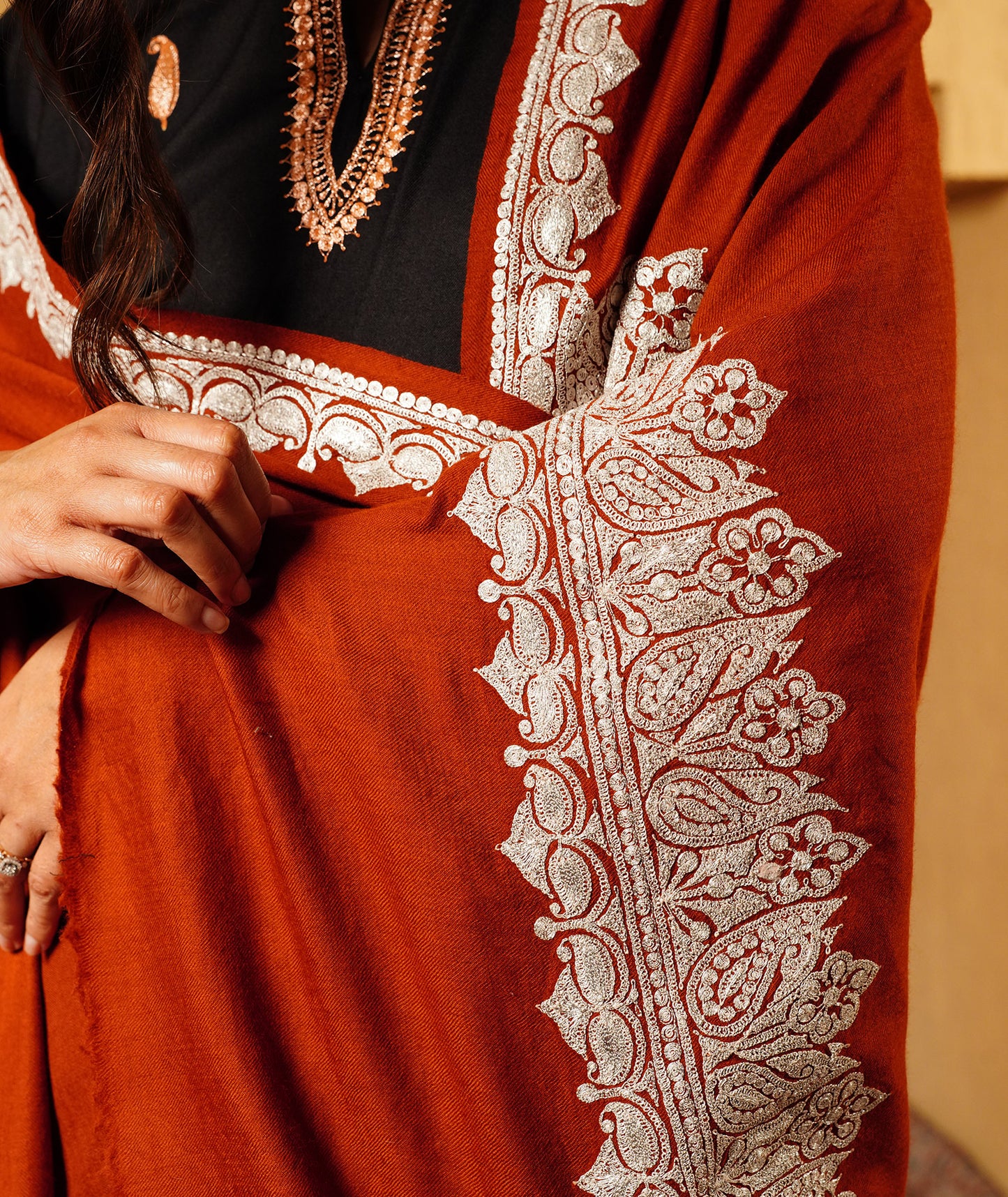 Rust Tilla Embroidered Woolen Kashmiri Shawl