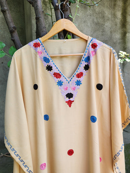 Beige Aari Embroidered Kashmiri Rayon Cotton Dotted Kaftan