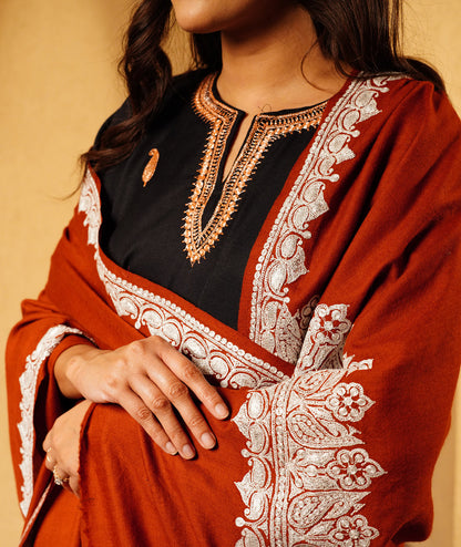 Rust Tilla Embroidered Woolen Kashmiri Shawl