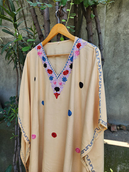 Beige Aari Embroidered Kashmiri Rayon Cotton Dotted Kaftan