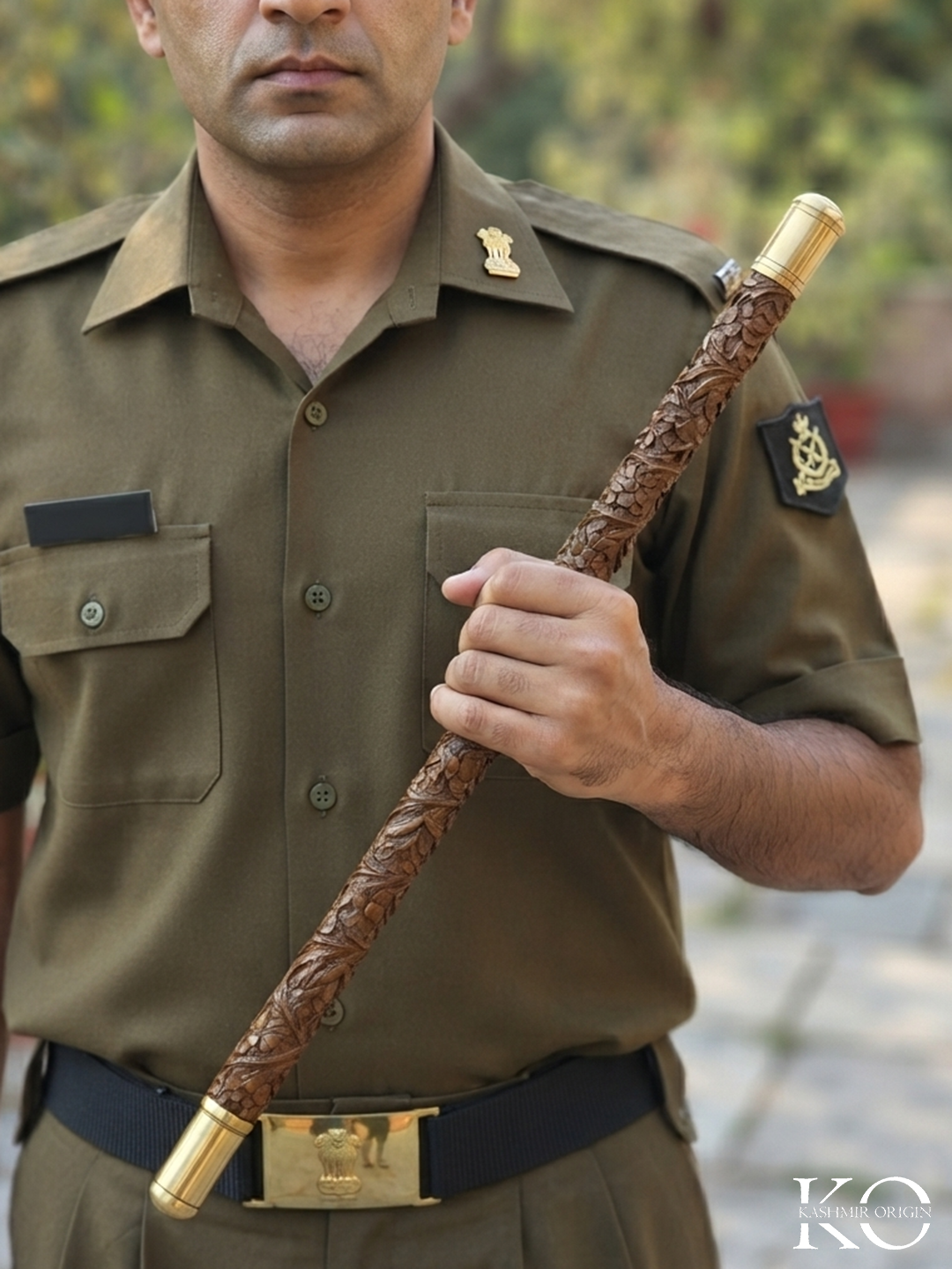 Kashmiri Walnut wood and Brass Hand Carved stylish military cane / Swagger stick & Holder (Name Customization Available)))