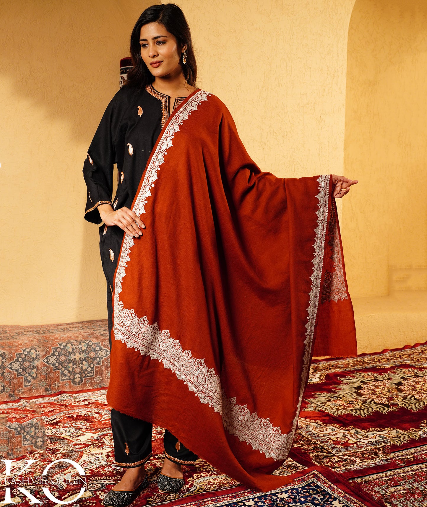 Rust Tilla Embroidered Woolen Kashmiri Shawl