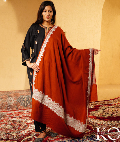 Rust Tilla Embroidered Woolen Kashmiri Shawl