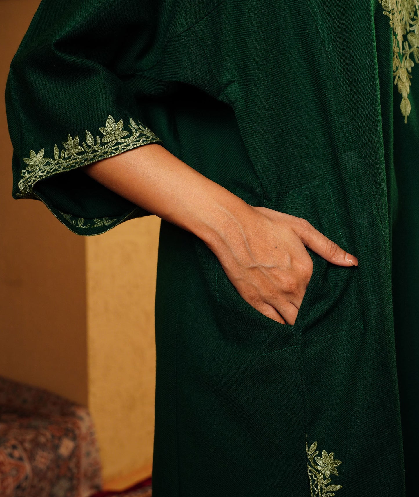 Green Tradational Koraab Sleeve Design Aari Embroidered Woolen Pheran