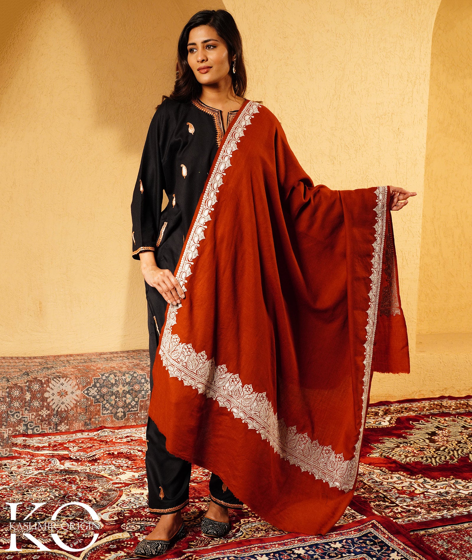 Rust Tilla Embroidered Woolen Kashmiri Shawl