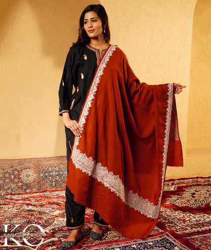 Rust Tilla Embroidered Woolen Kashmiri Shawl