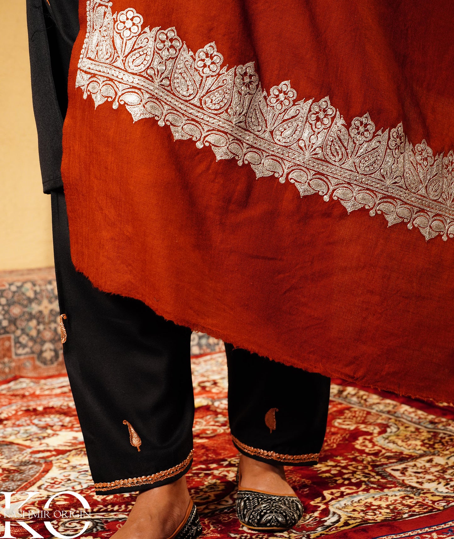 Rust Tilla Embroidered Woolen Kashmiri Shawl