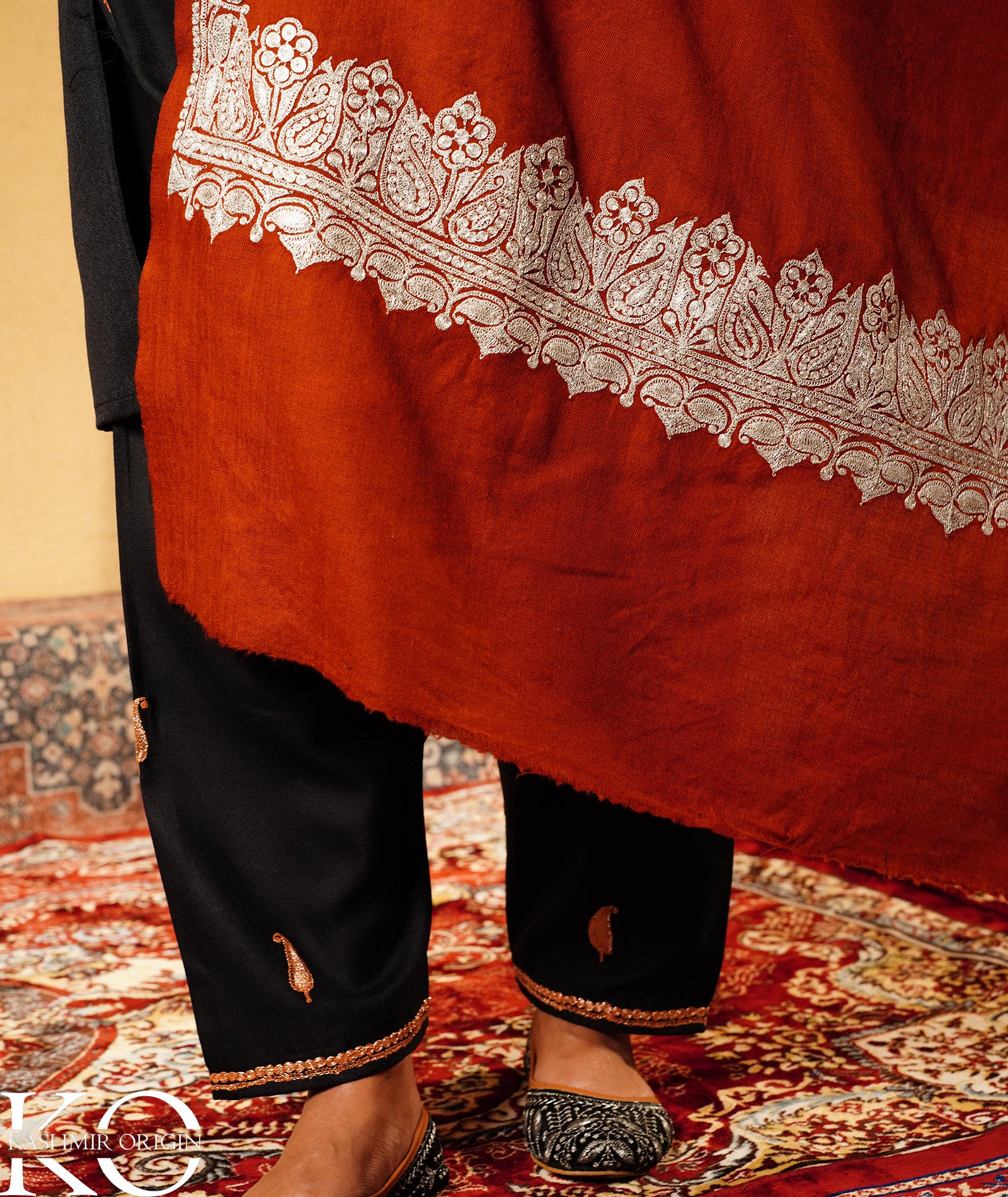 Rust Tilla Embroidered Woolen Kashmiri Shawl