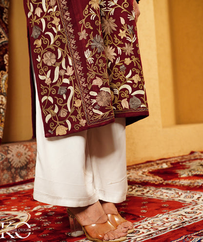 Maroon Aari Embroidered Jamawar Woolen Kashmiri Pheran