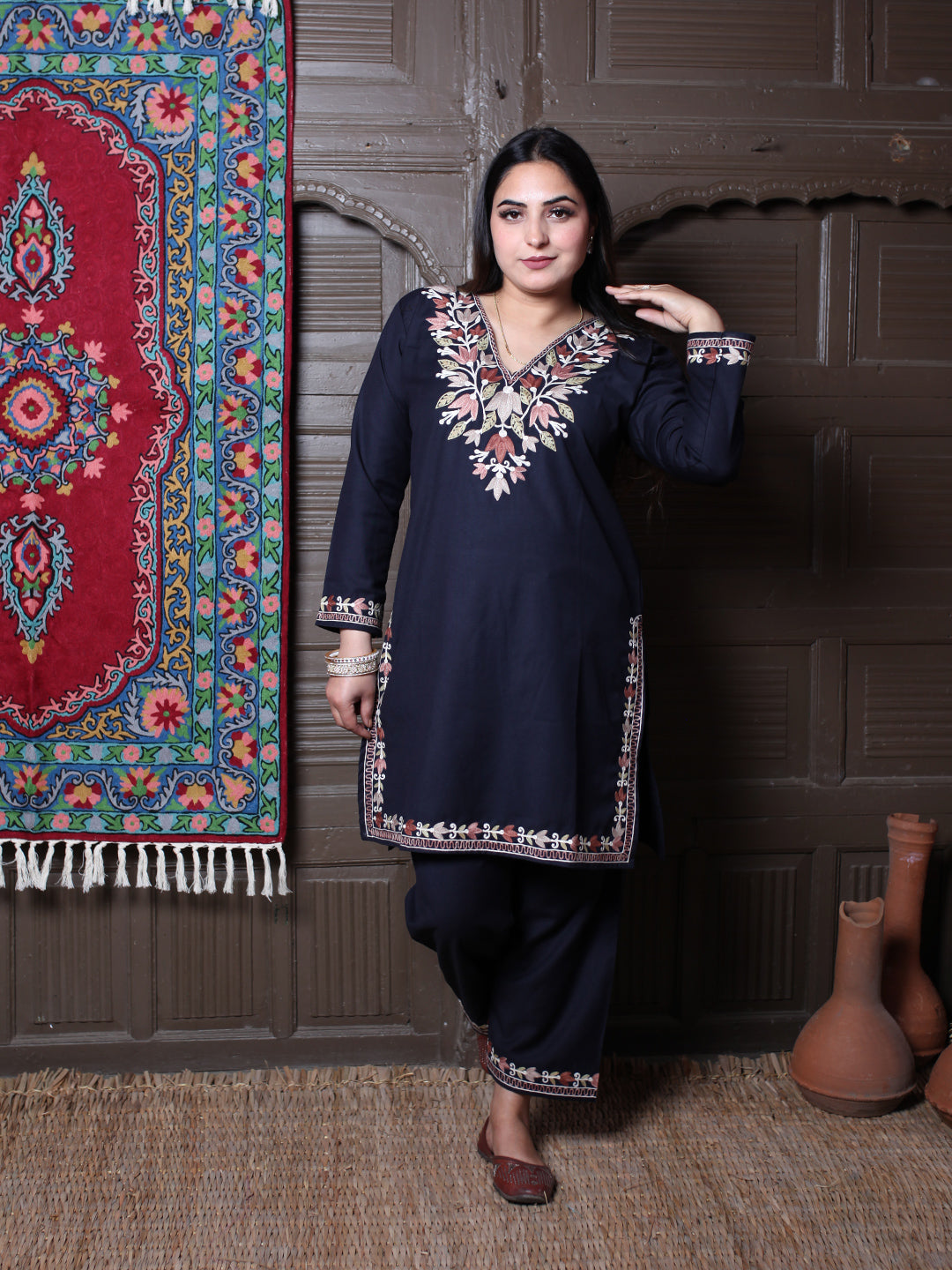 Black Tulip Design Aari Embroidered Kashmiri Cotton Co-Ord Set