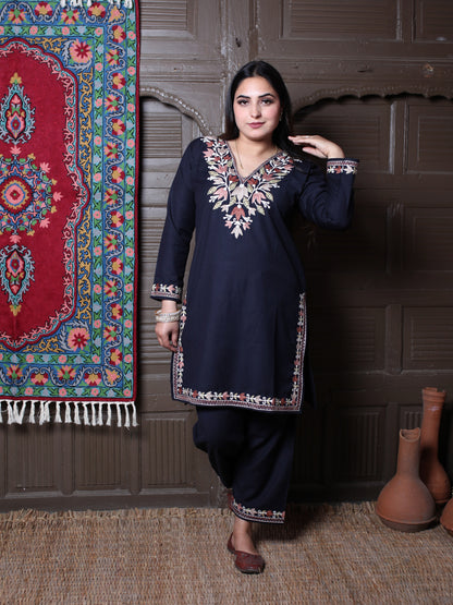 Black Tulip Design Aari Embroidered Kashmiri Cotton Co-Ord Set