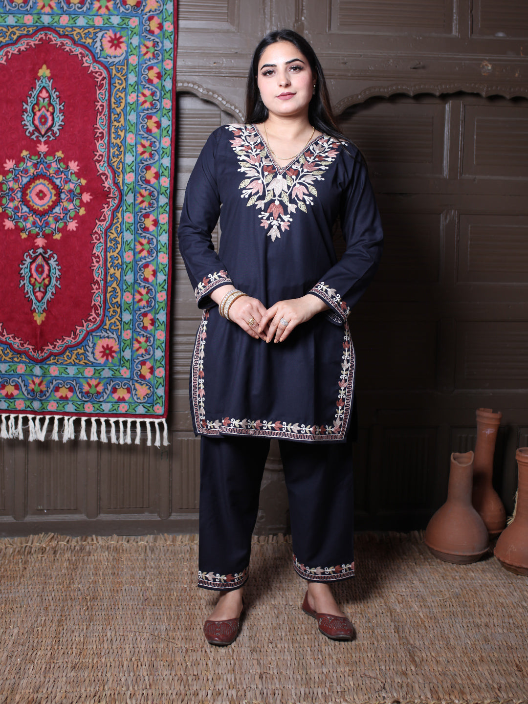 Black Tulip Design Aari Embroidered Kashmiri Cotton Co-Ord Set