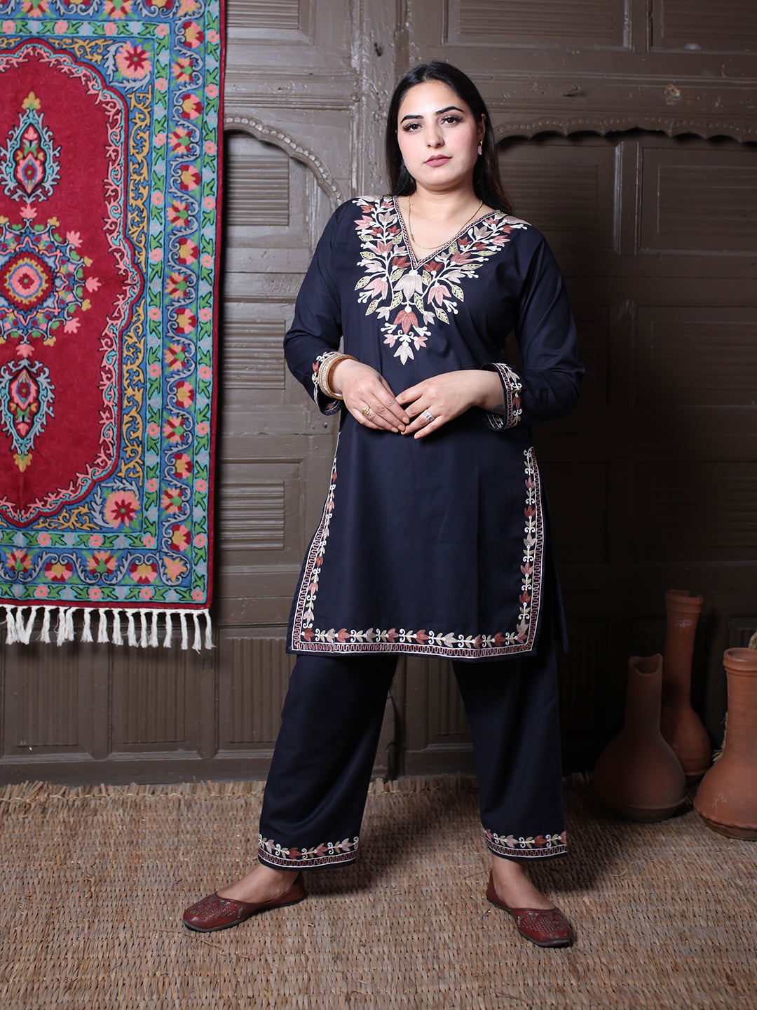 Black Tulip Design Aari Embroidered Kashmiri Cotton Co-Ord Set