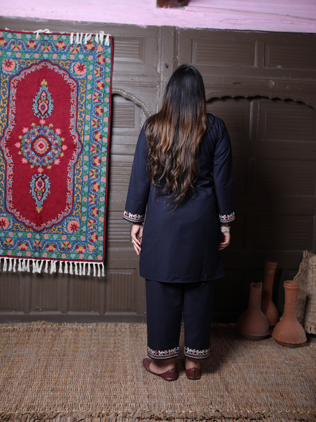Black Tulip Design Aari Embroidered Kashmiri Cotton Co-Ord Set