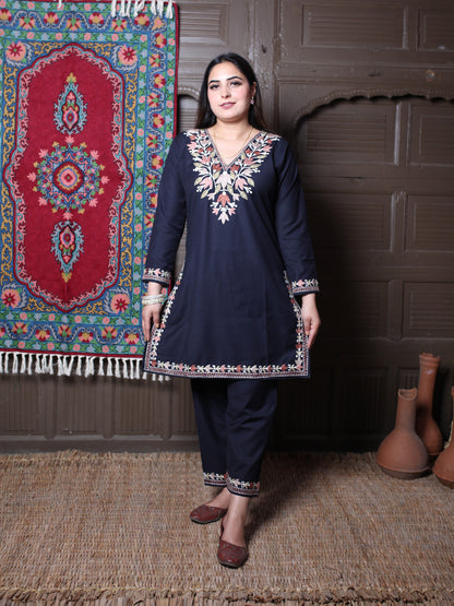 Black Tulip Design Aari Embroidered Kashmiri Cotton Co-Ord Set