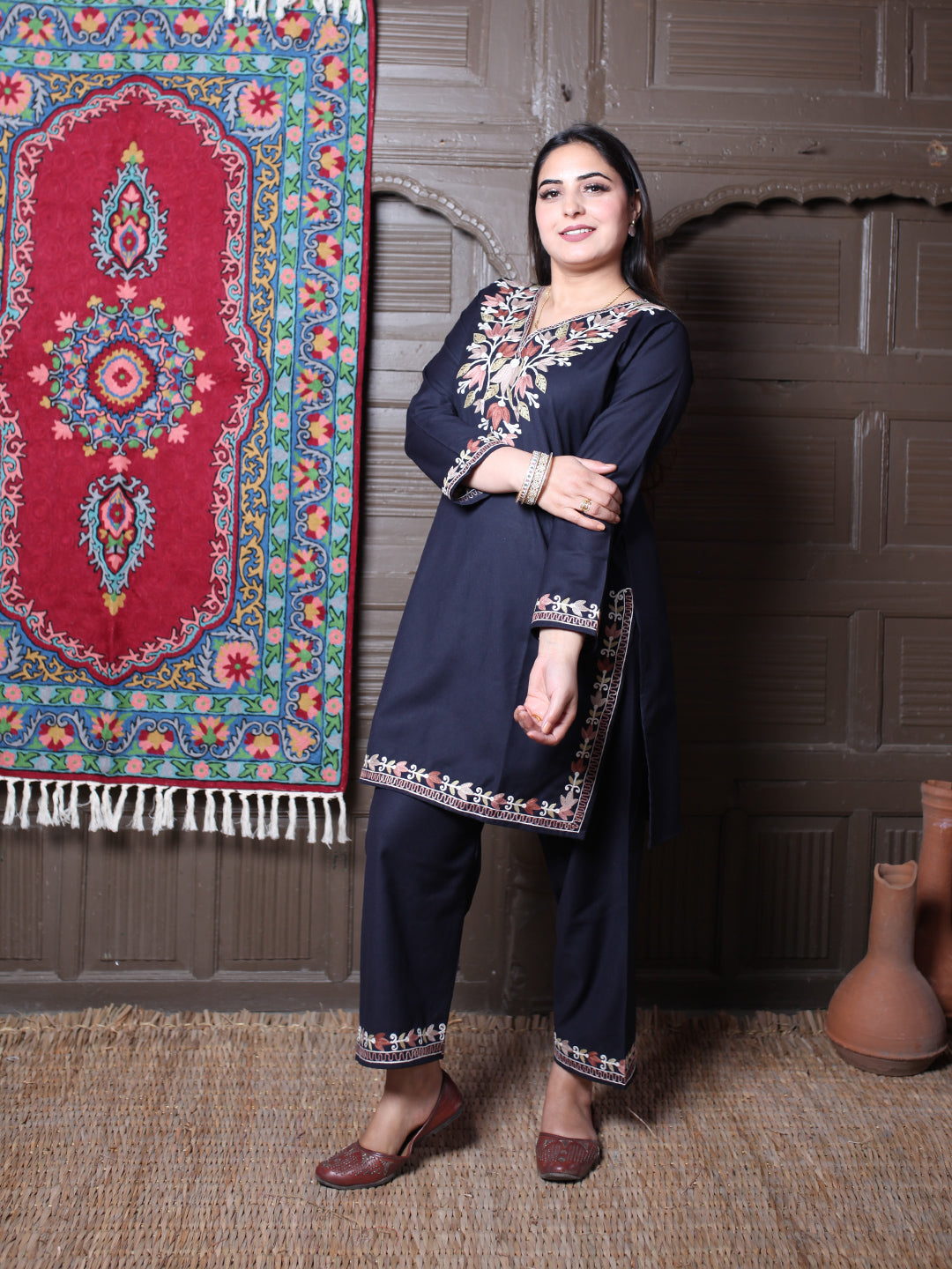 Black Tulip Design Aari Embroidered Kashmiri Cotton Co-Ord Set