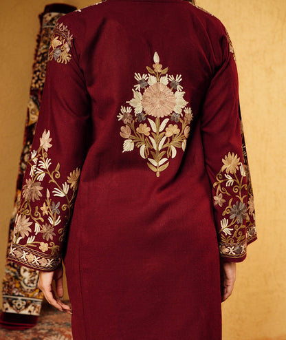 Maroon Aari Embroidered Jamawar Woolen Kashmiri Pheran