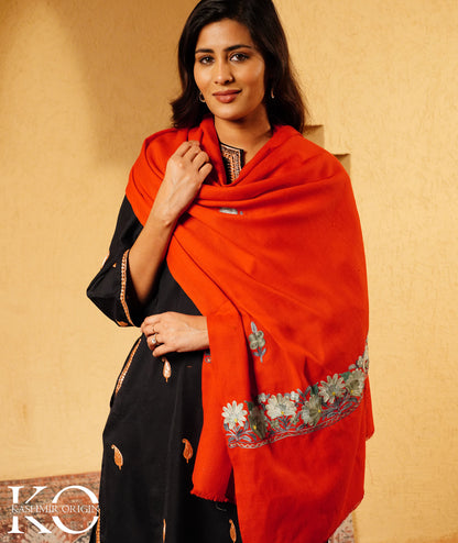 Scarlet Red Aari Embroidered Woolen Kashmiri Shawl