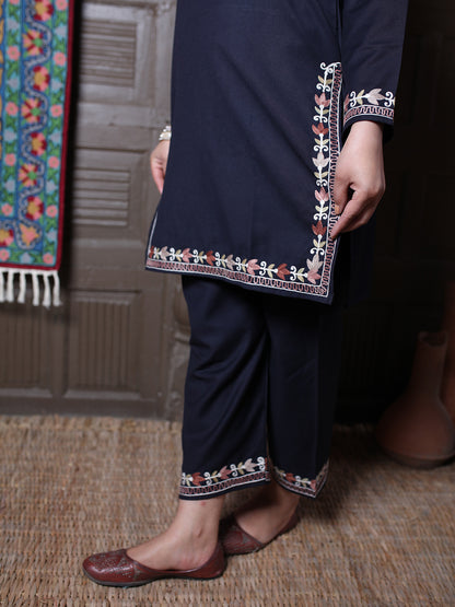 Black Tulip Design Aari Embroidered Kashmiri Cotton Co-Ord Set