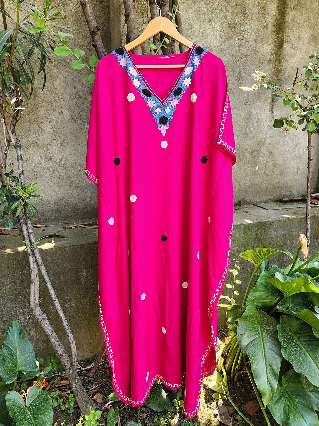 Coral Peach Aari Kaftan with Polka Motifs