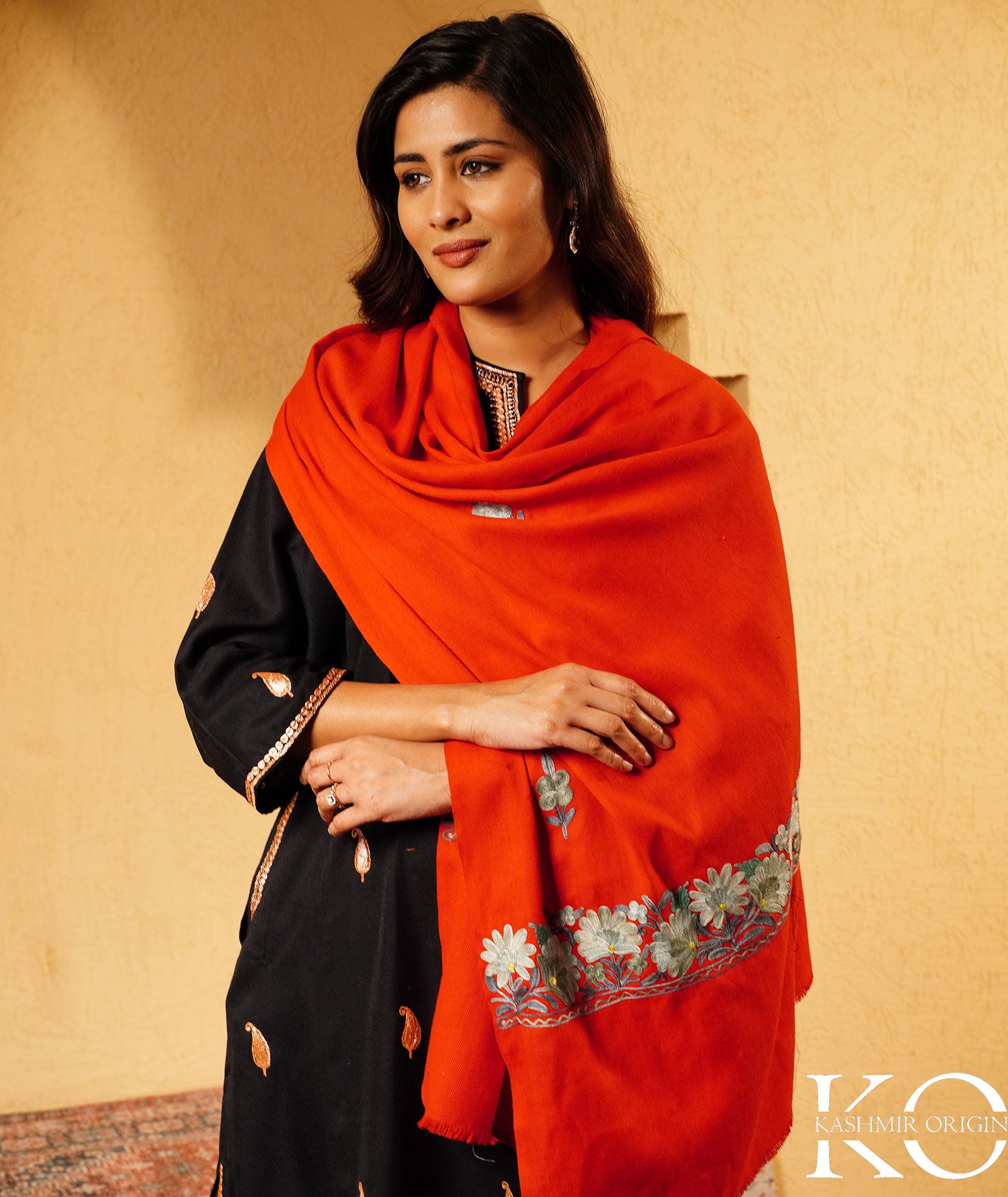 Scarlet Red Aari Embroidered Woolen Kashmiri Shawl