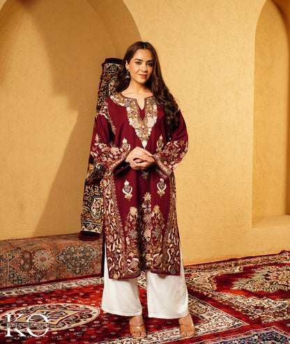 Maroon Aari Embroidered Jamawar Woolen Kashmiri Pheran