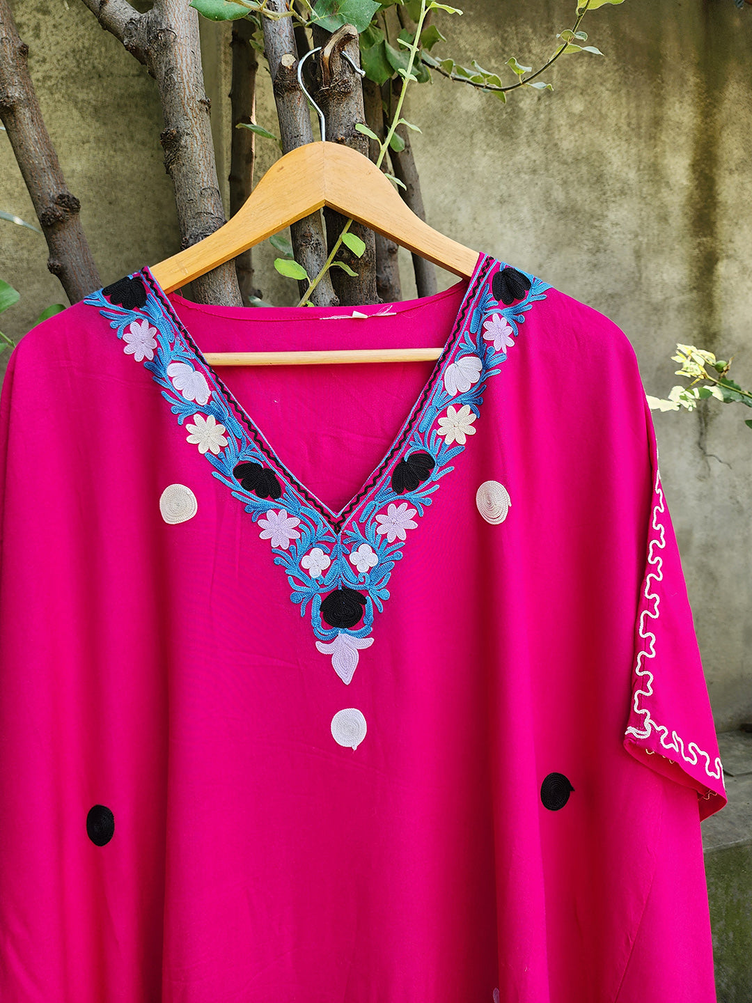 Coral Peach Aari Kaftan with Polka Motifs